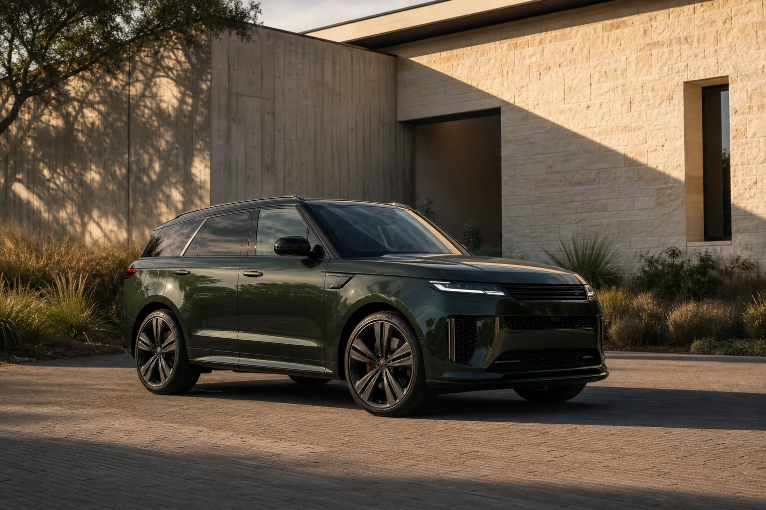 Clean dark-green SUV parked beside modern Austin architecture after service