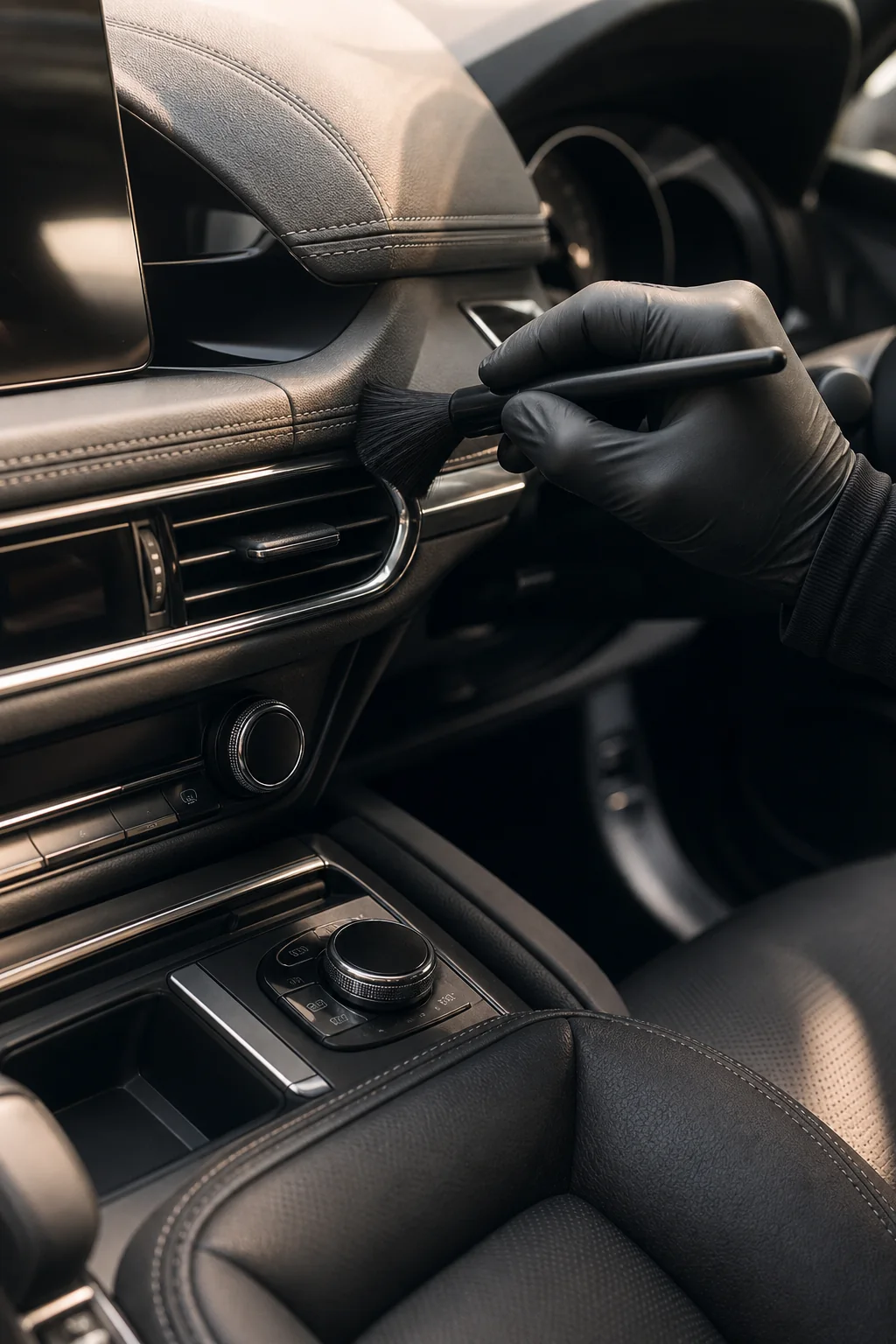 Gloved hand carefully brushing a premium vehicle dashboard seam and vent