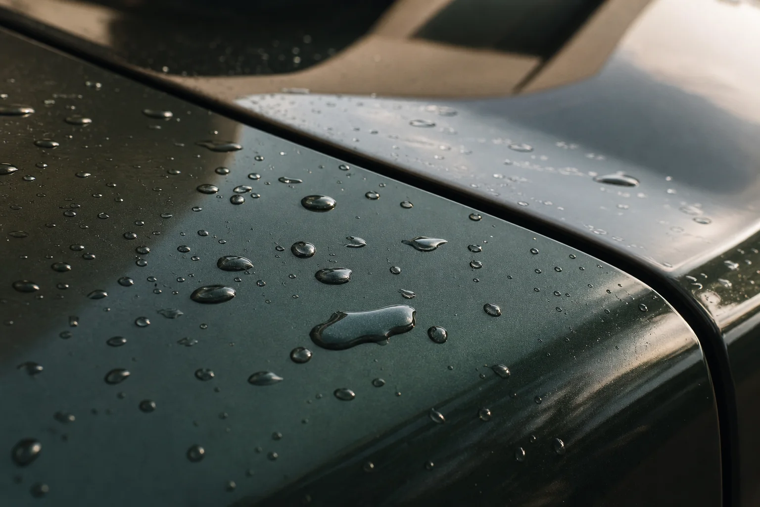 Realistic water droplets resting on a dark green finished vehicle panel